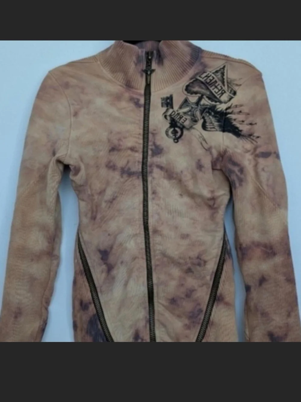 Salvage Tie-Dye Zip-Up Graphic Bomber Jacket in Tan and Purple. L